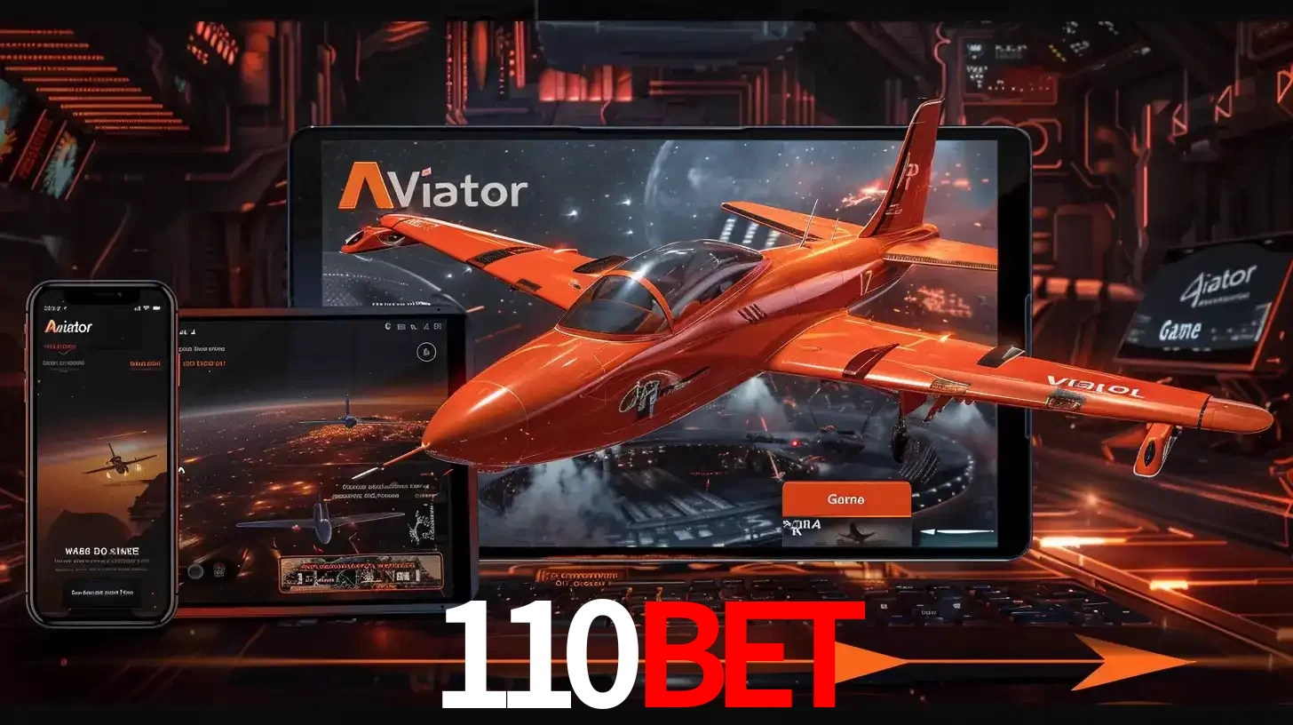 Apresentação tecnológica do jogo Aviator com um avião saindo da tela de um tablet, demonstrando a experiência imersiva em múltiplos dispositivos no 110bet.