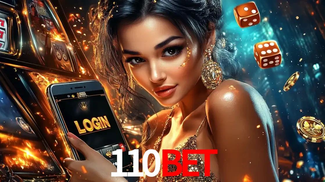 Mulher glamourosa segurando um celular com a tela de login do cassino 110bet, rodeada por dados e moedas douradas, pronta para começar a diversão.