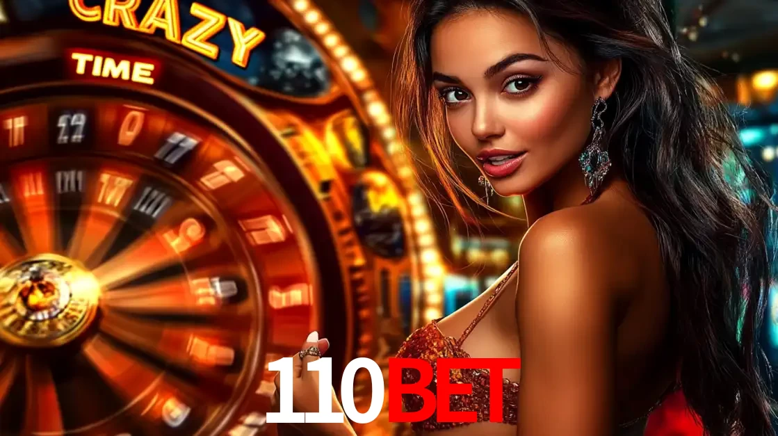 Mulher ao lado da roda de prêmios do jogo de cassino ao vivo Crazy Time, um dos shows de jogos mais emocionantes oferecidos pela plataforma de apostas 110bet.