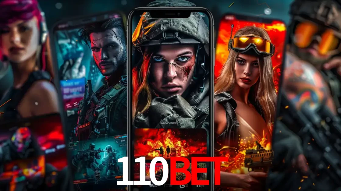 Montagem de telas de celular mostrando diversos personagens, masculinos e femininos, de um jogo de tiro, ilustrando a diversidade de equipes de e-sports para apostar no 110bet.