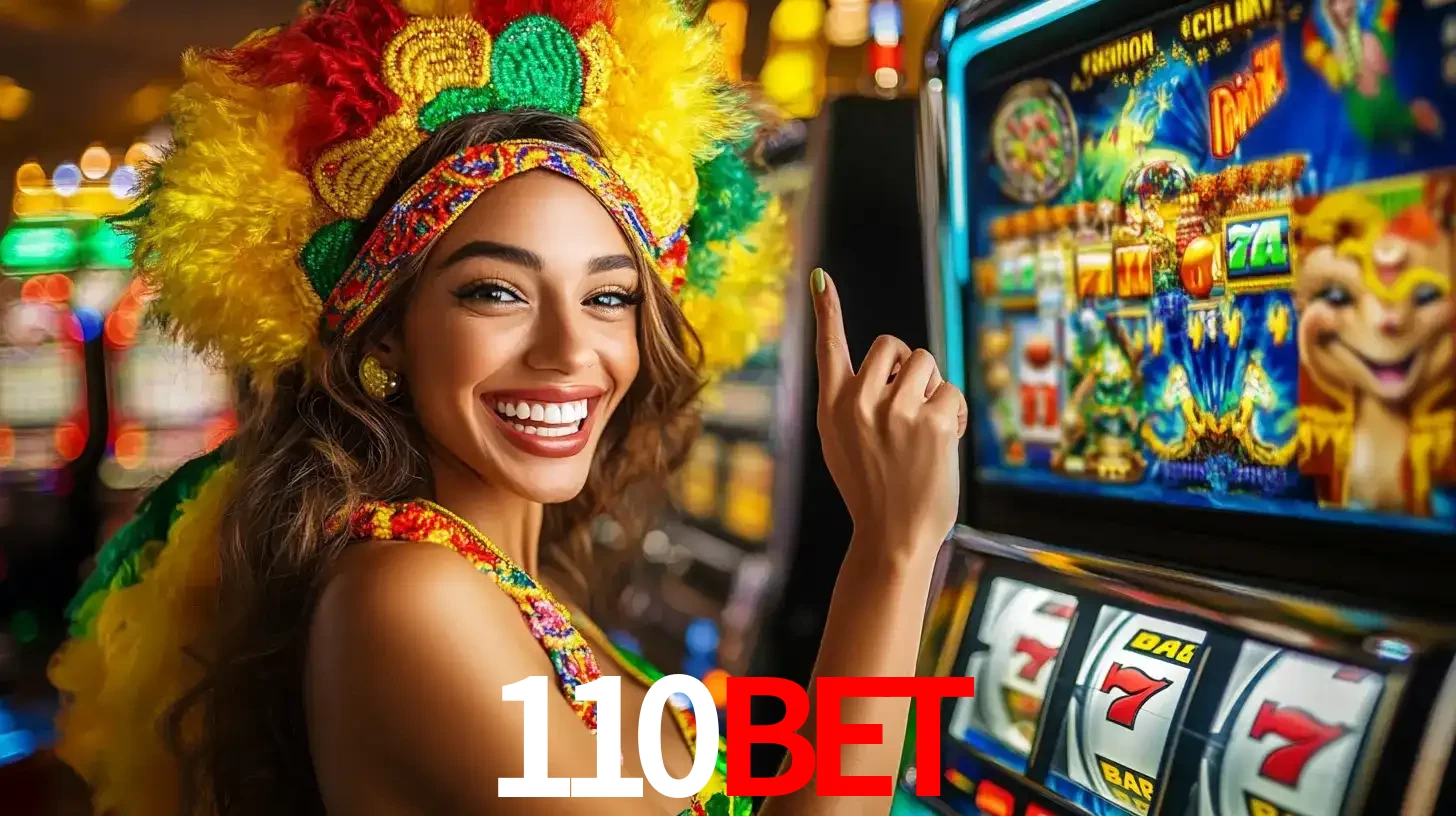 Mulher animada com um cocar de carnaval apontando para uma máquina de caça-níqueis, mostrando a emoção de ganhar um grande prêmio nos jogos do 110bet.