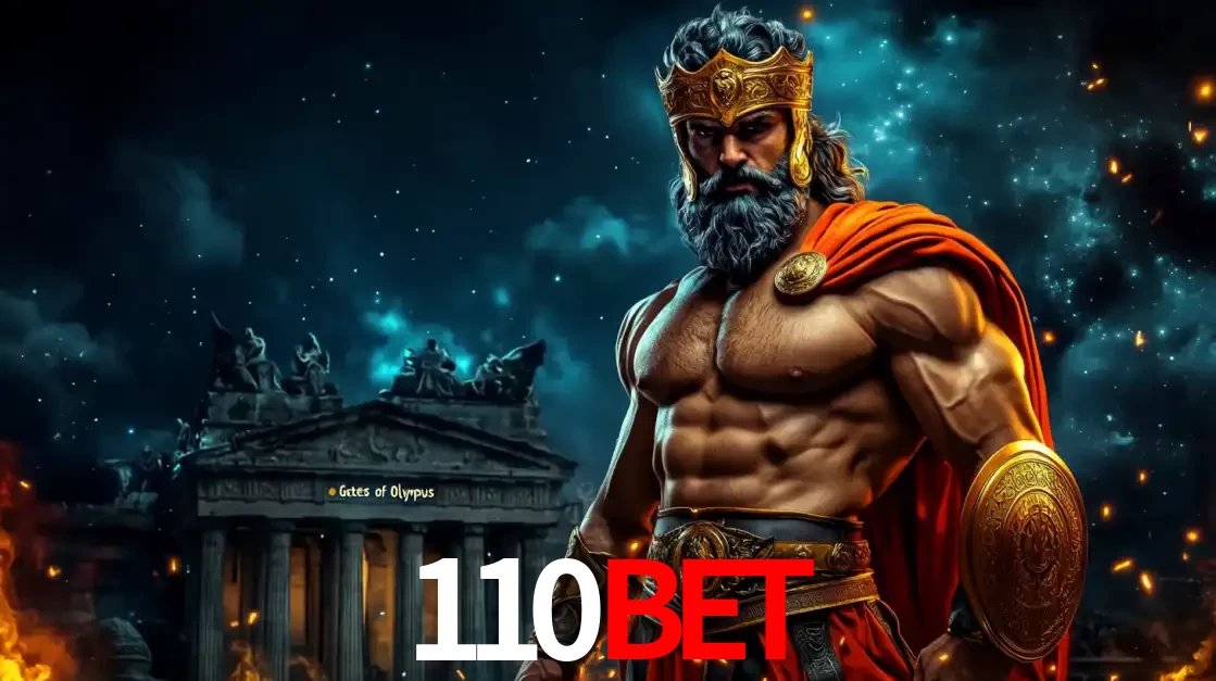 O poderoso Zeus do jogo de slot Gates of Olympus em frente ao seu templo, pronto para lançar multiplicadores divinos e prêmios épicos no cassino online 110bet.