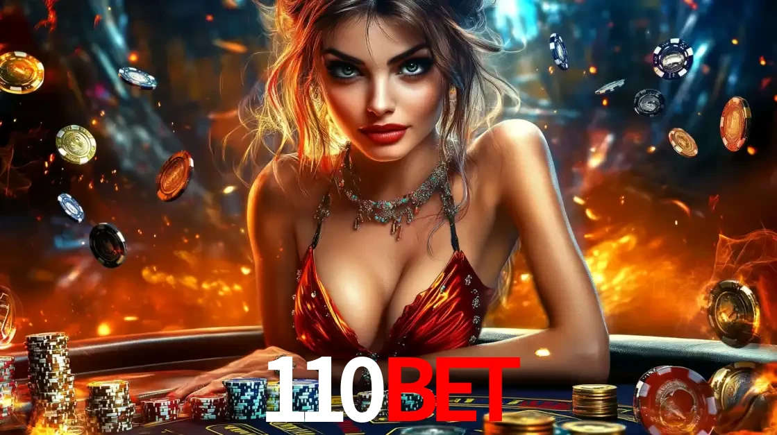 Mulher em uma mesa de cassino com pilhas de fichas e um fundo de fogo, pronta para uma rodada de altas apostas nos jogos de mesa emocionantes do cassino 110bet.