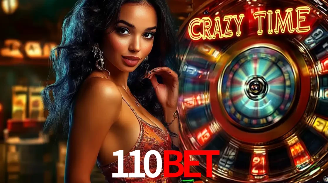 Mulher elegante ao lado da vibrante roda da fortuna do jogo de cassino ao vivo Crazy Time, um dos game shows mais populares e cheios de prêmios do 110bet.
