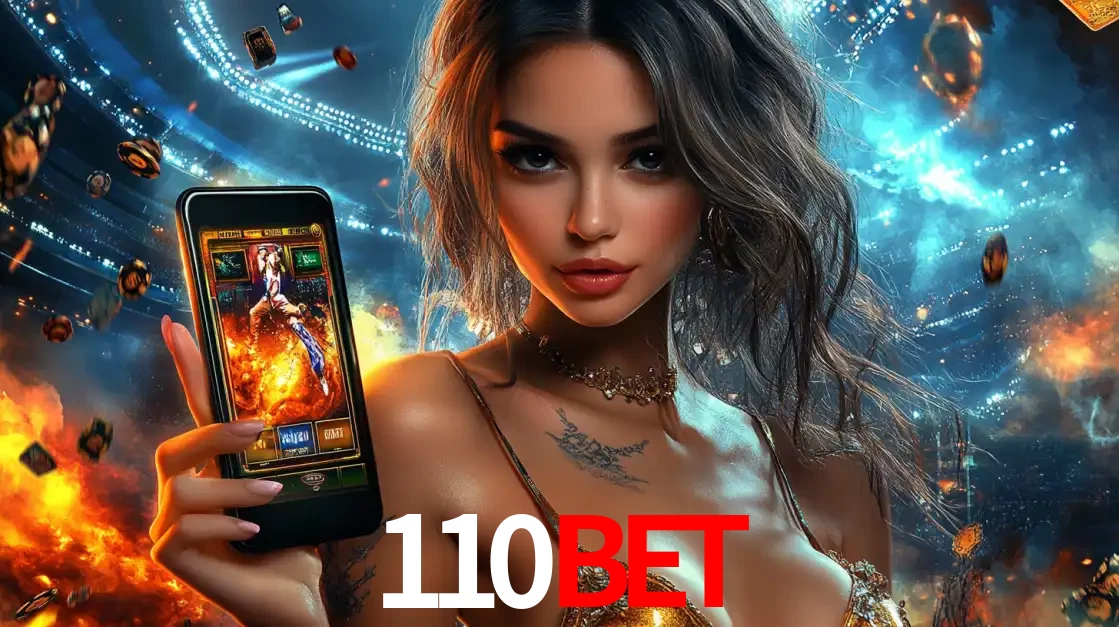 Mulher segurando um celular com um jogo de slot em destaque, tendo como fundo um estádio vibrante, simbolizando a emoção de jogar no cassino móvel 110bet.